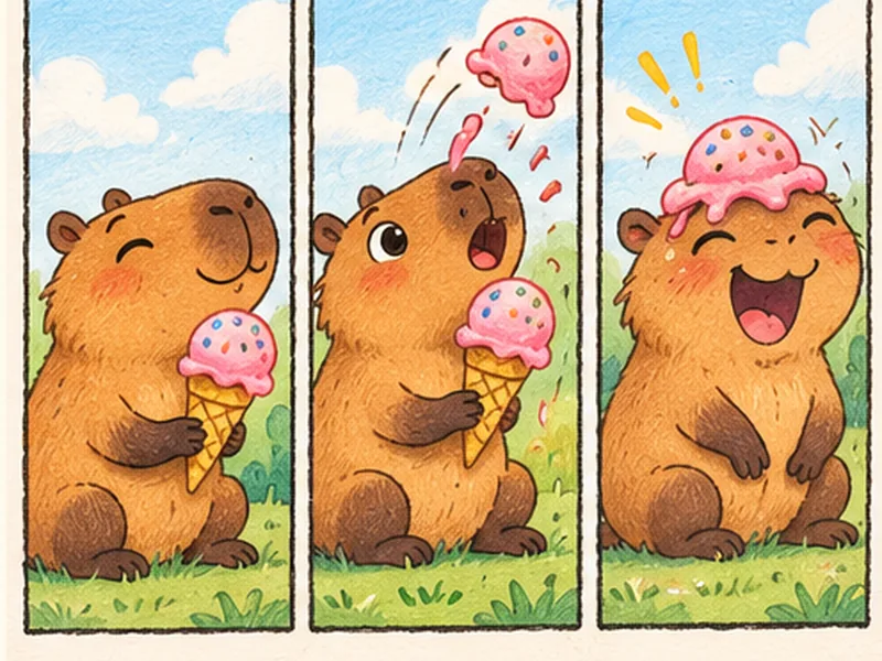 Original colourful finished creative project example for Create a funny three-panel comic