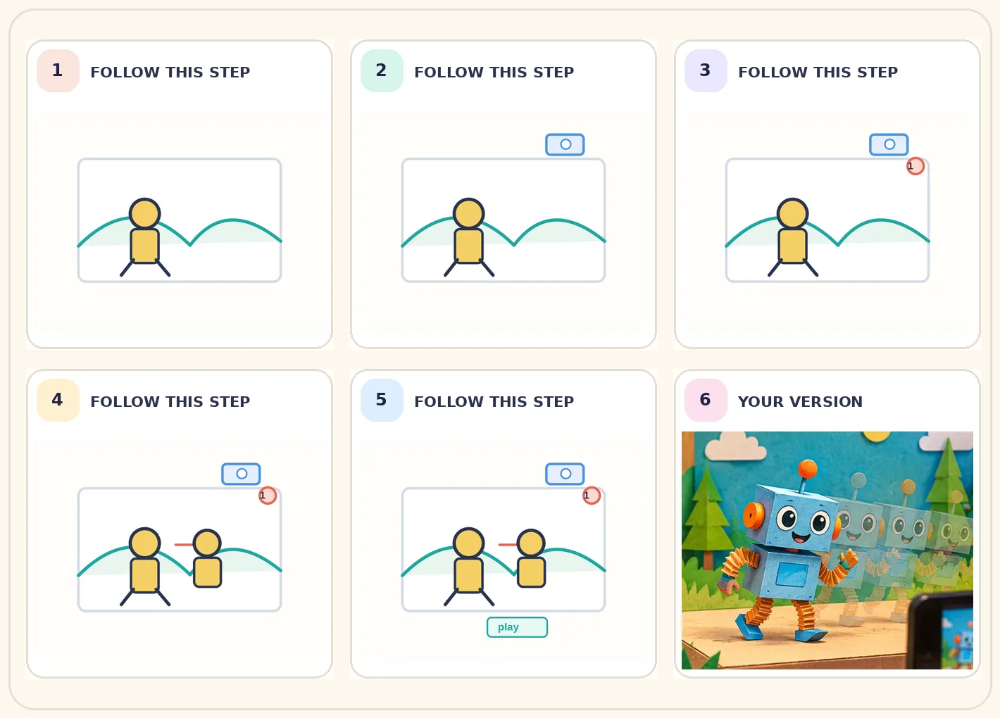 Six-frame visual journey for Create a paper stop-motion scene, ending in a colourful creative variation