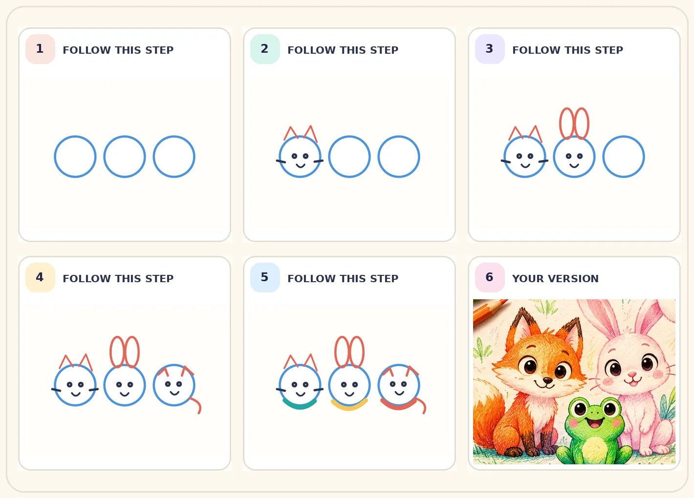 Six-frame visual journey for Make animals using circles, triangles and squares, ending in a colourful creative variation