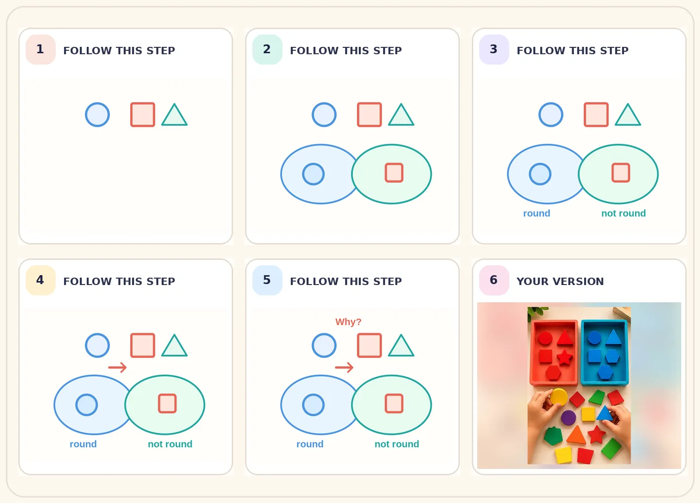Six-frame visual journey for Invent a sorting game with changing rules, ending in a colourful creative variation