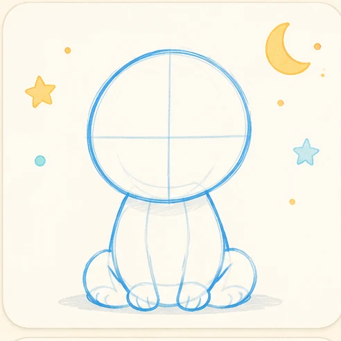 Stage 1 of 6: Sketch a large round head, smaller seated body, and soft front paws. A light guide line can help place the face.