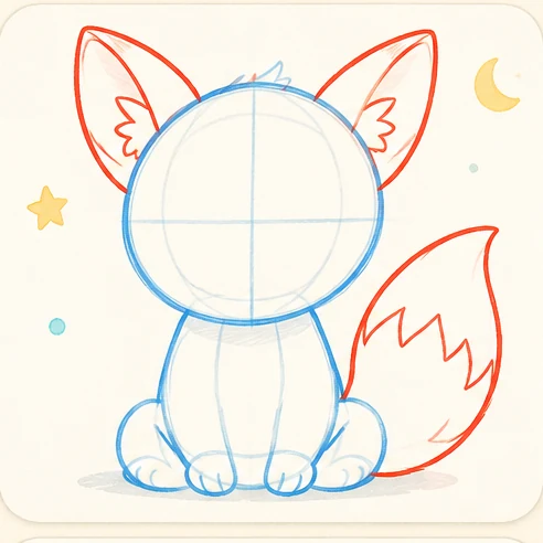 Stage 2 of 6: Add two tall triangular ears, little tufts of fur and a fluffy curved tail.
