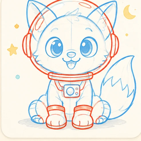 Stage 4 of 6: Sketch a round space helmet, ear covers, a collar and a small control panel. Imagine how the fox would breathe and communicate.