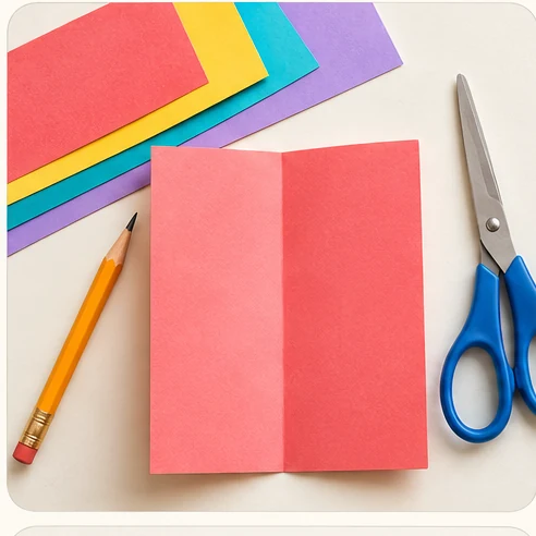 Stage 1 of 6: Choose colours, fold one sheet in half and prepare a pencil, scissors and glue. Ask an adult to help with cutting.