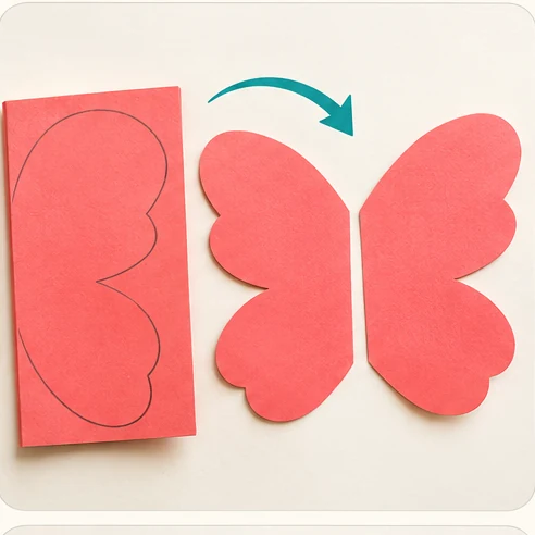 Stage 2 of 6: Draw half a butterfly wing against the fold. Cut around the outline and open the paper to reveal two matching wings.