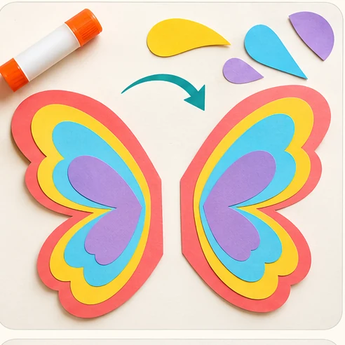 Stage 3 of 6: Cut smaller wing shapes in two contrasting colours and lay them over the large wings. Check both sides before gluing.