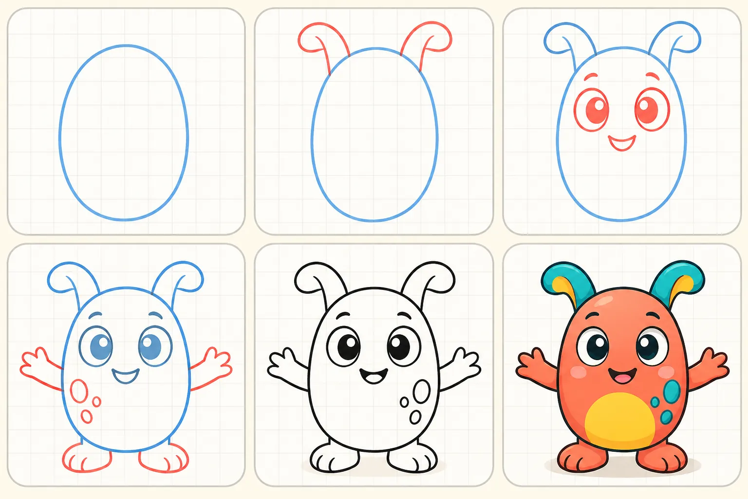 Six picture panels showing a friendly monster drawing grow from an oval into a colourful character