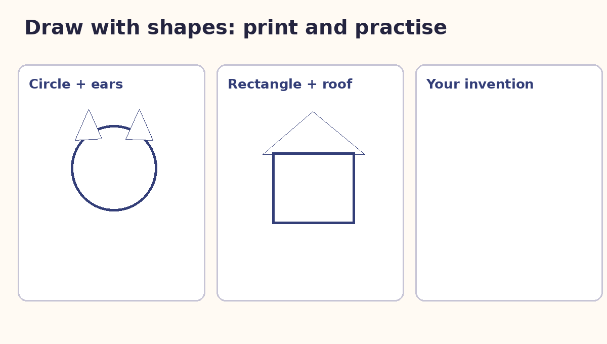 Original printable shape-to-character worksheet with starting circles and blank drawing boxes