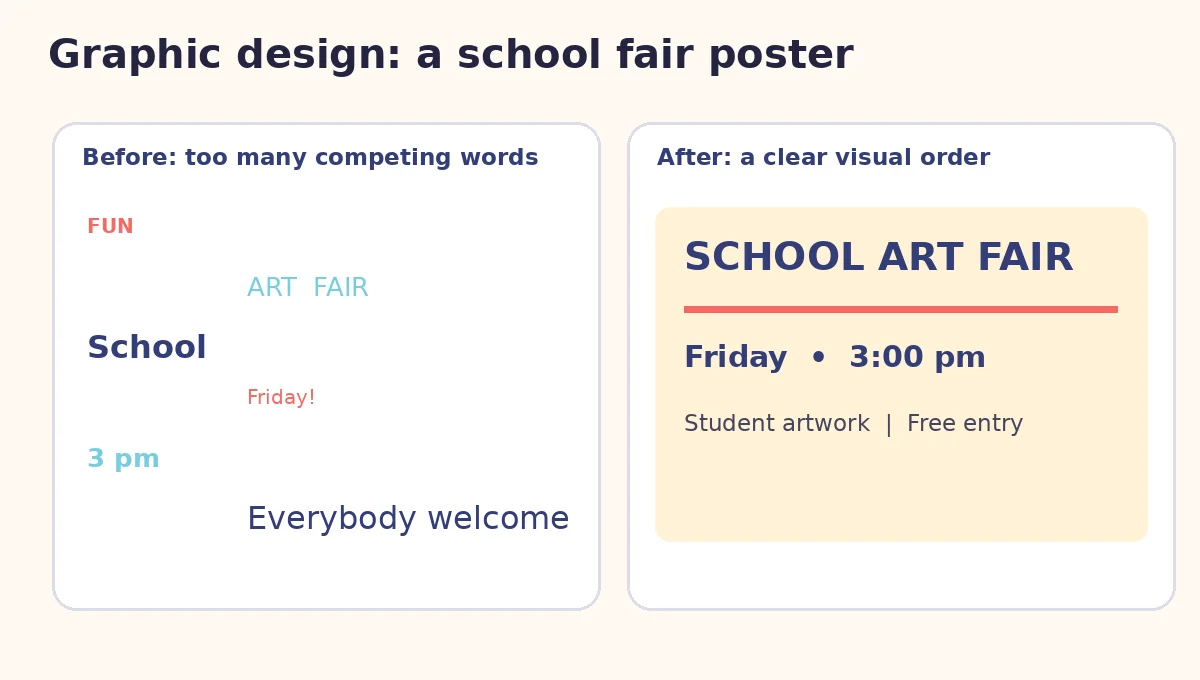 Before and after example of a school art fair poster with improved heading and event information