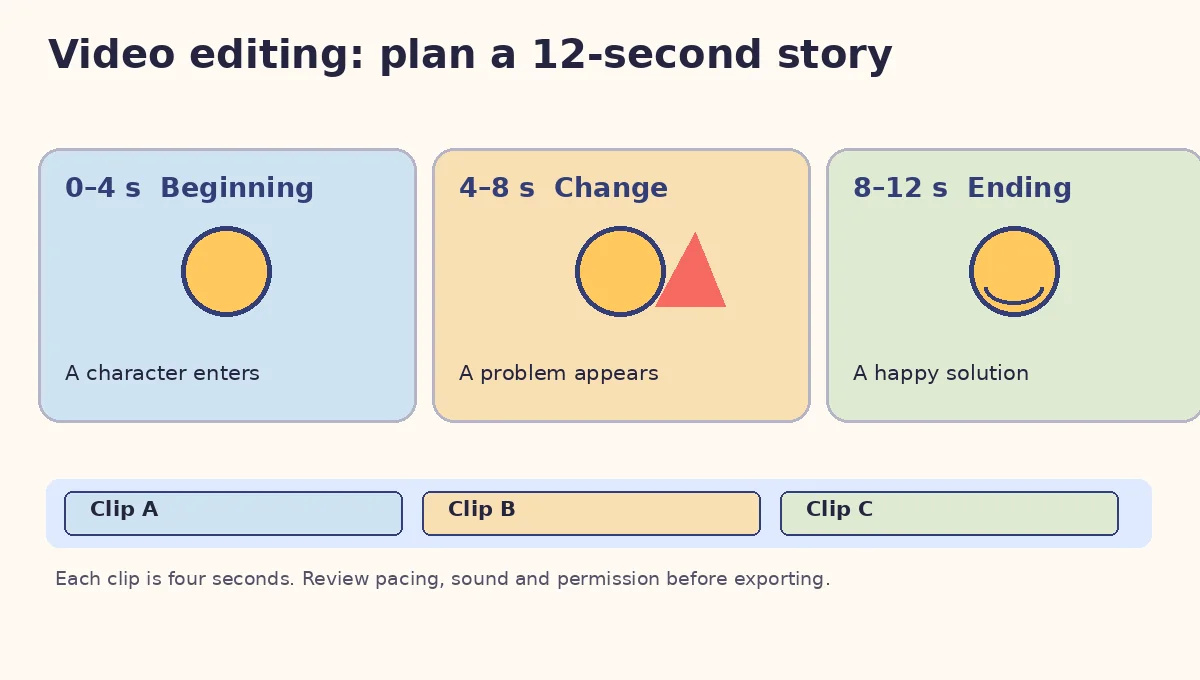 A 12 second video editing plan with three 4 second clips and a timeline